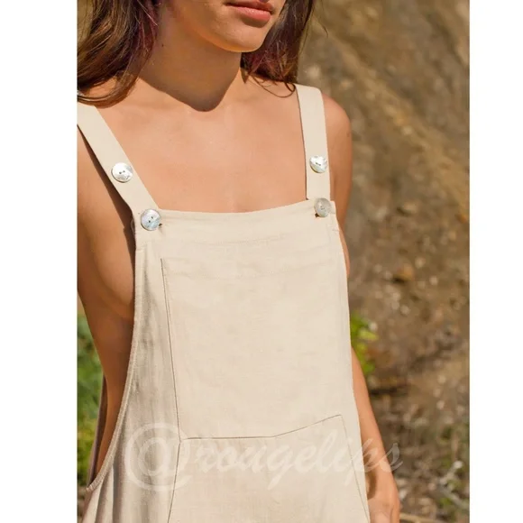 Linen Blend Casual Beige Overalls Pockets Jumpsuit Wide Leg - Picture 5 of 7